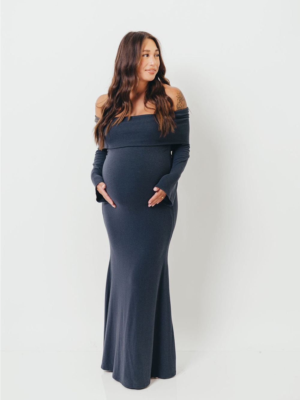Monroe Maxi Dress with Long Sleeves in Dusty Navy- Bump Friendly